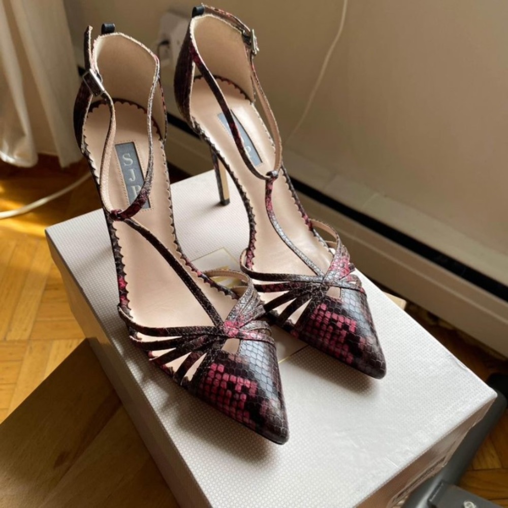 SJP Carrie Bradshaw Stiletto Sandal in Pink Snake